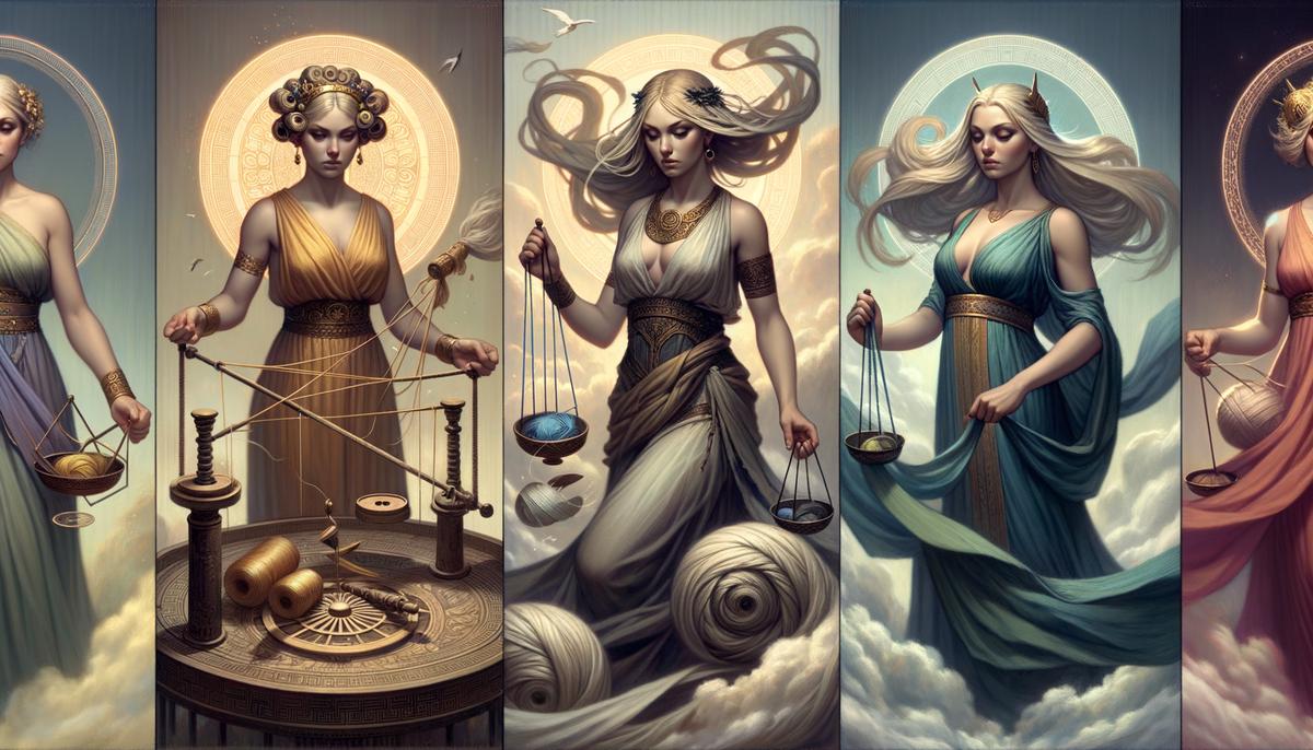 The Moirai of Greek mythology, the Parcae of Roman mythology, and the Norns of Norse mythology, representing the concept of fate across different cultures