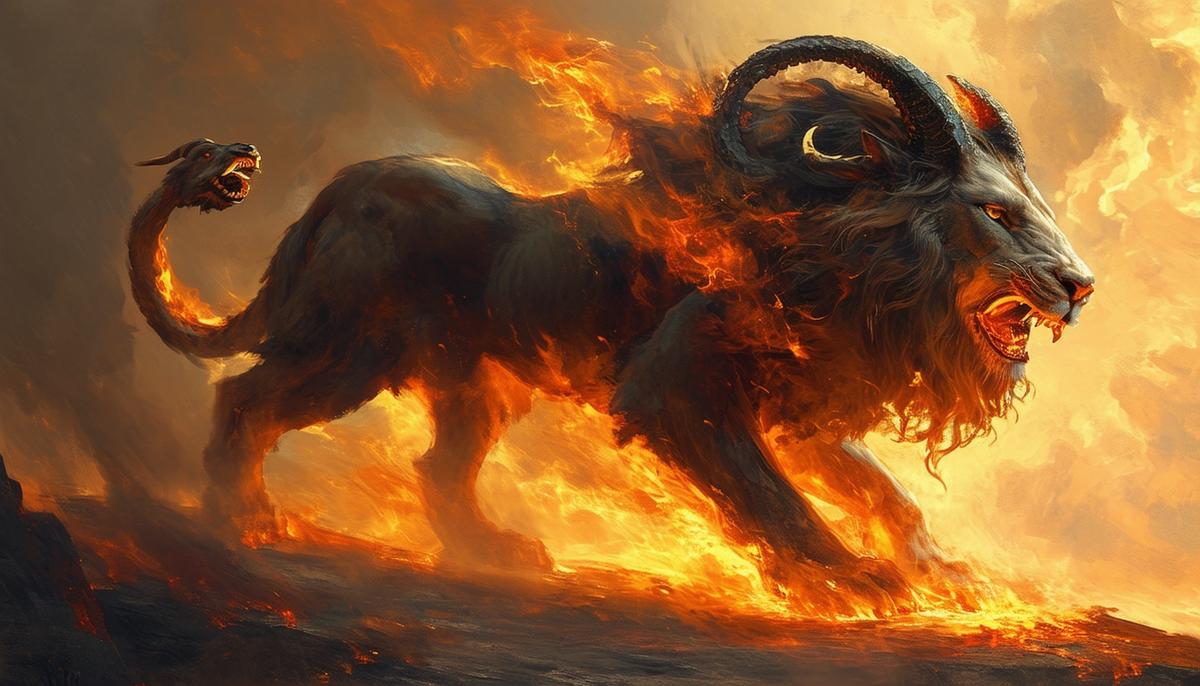 The monstrous chimera with the body and head of a lion, a goat's head protruding from its back, and a serpent for a tail. Fire and smoke pours from the lion and goat mouths.