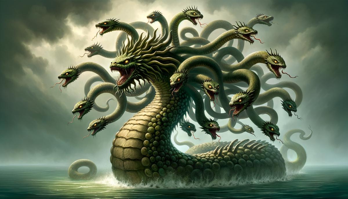 The monstrous Hydra with multiple serpent heads in the swampy waters of Lerna