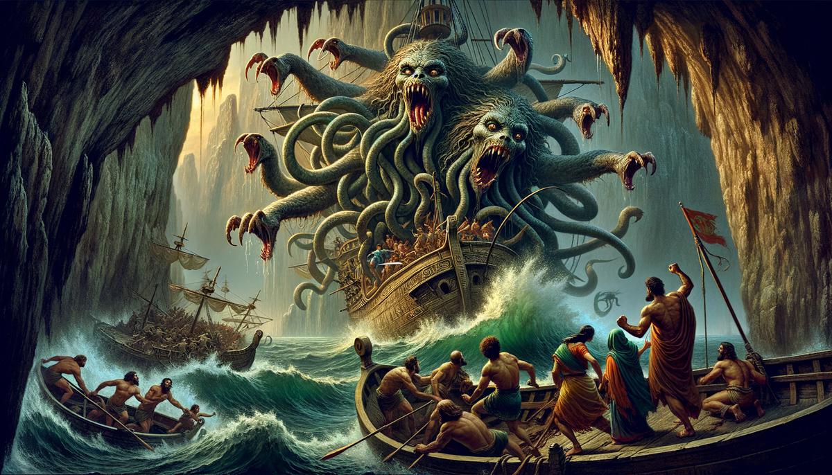The monstrous Scylla emerges from her rocky lair to attack Odysseus' ship, snatching up and devouring several of his crew members