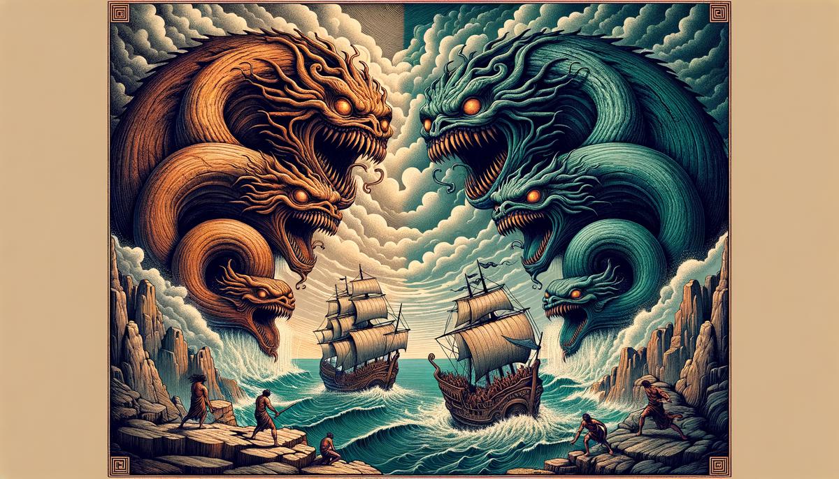 The monstrous Scylla, with her six heads and sharp teeth, and the whirlpool Charybdis, threatening ships in the Strait of Messina.