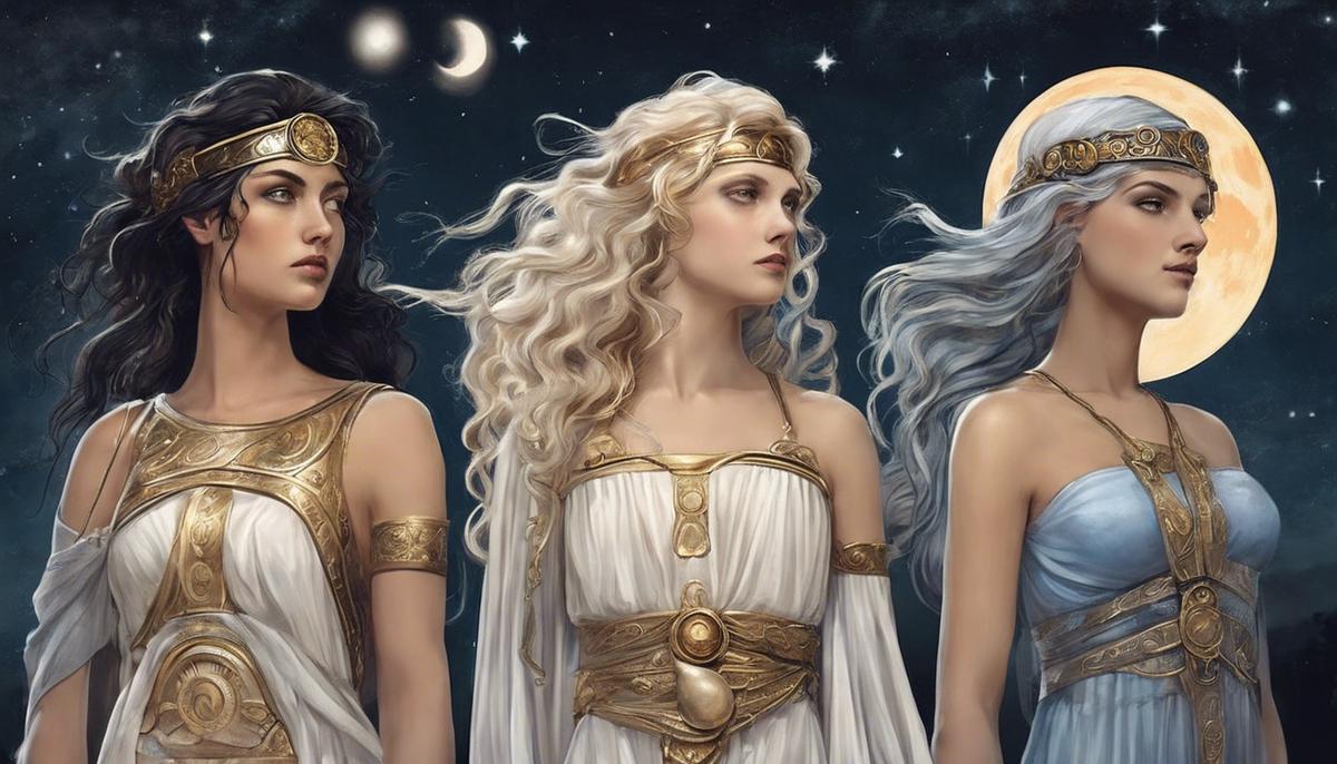 The moon goddesses Selene from Greek mythology, Artemis from Greek mythology, and Luna from Roman mythology