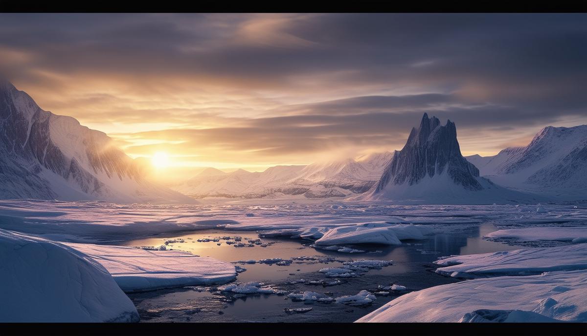 The mysterious land of Thule bathed in perpetual twilight, with icy landscapes and the midnight sun visible