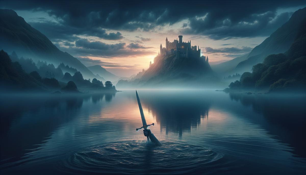 The mystical island of Avalon shrouded in mist, with the silhouette of a medieval castle visible