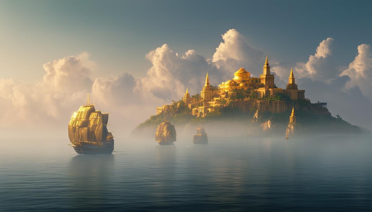 The mythical island of Antillia with its seven golden cities visible on a misty horizon
