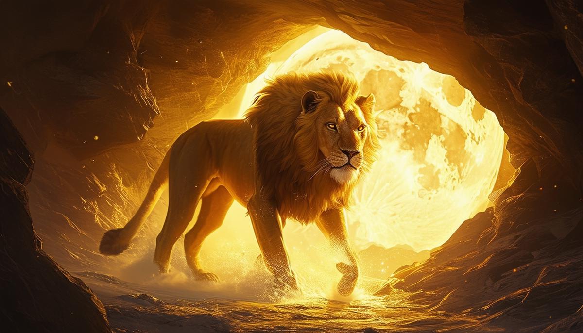 The Nemean Lion emerging from a moonlit cave, its golden fur gleaming