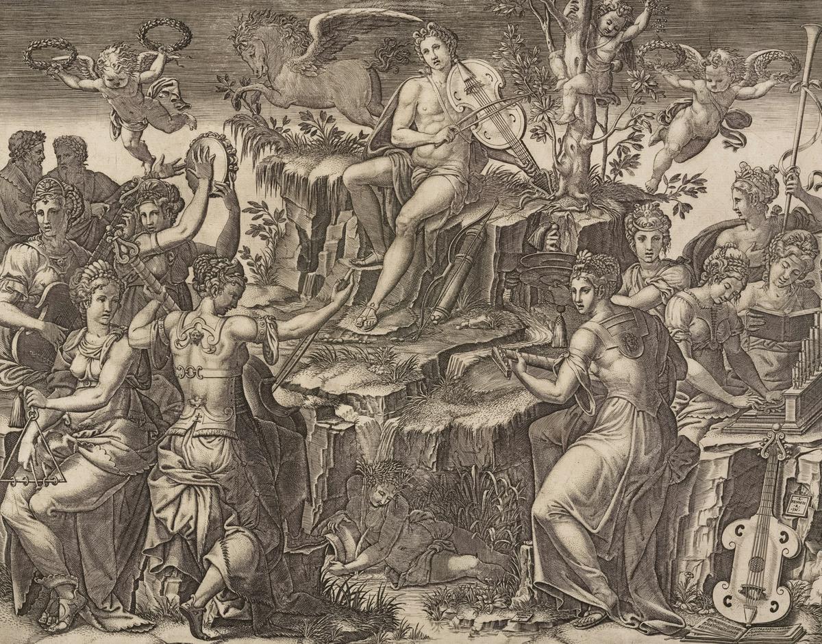 The Nine Muses, each with their distinct attributes, surrounded by representations of their domains such as musical instruments, scrolls, and celestial objects