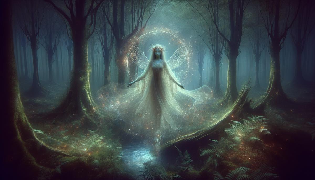 The nymph Echo surrounded by floating, fading words in a misty forest setting