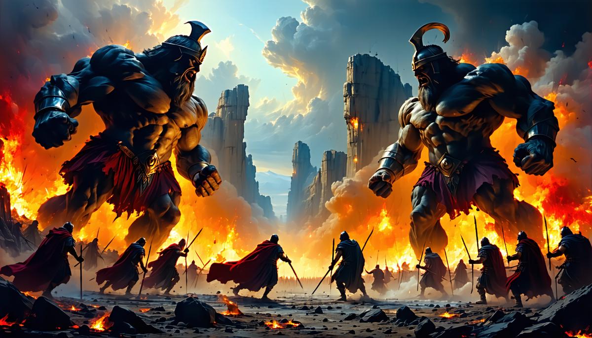 The Olympian gods, including Heracles, battling against towering Giants in a chaotic and destructive scene