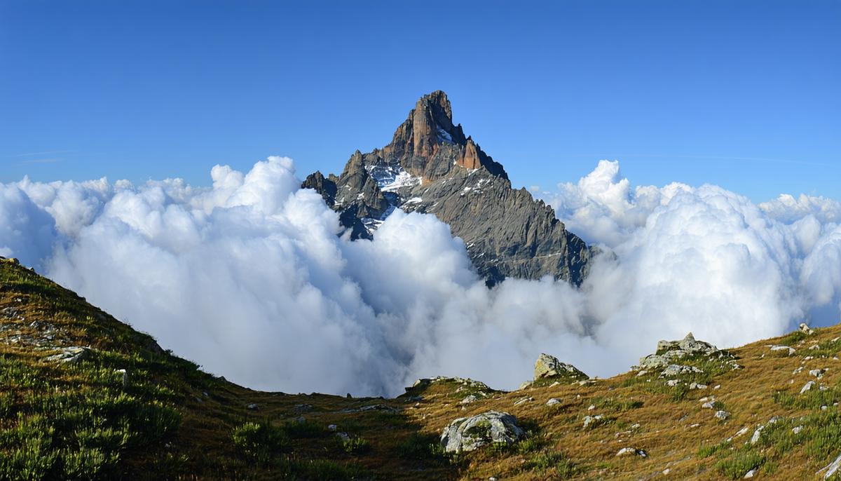 The peak of Mount Olympus emerging from clouds, with rugged terrain and alpine vegetation in the foreground