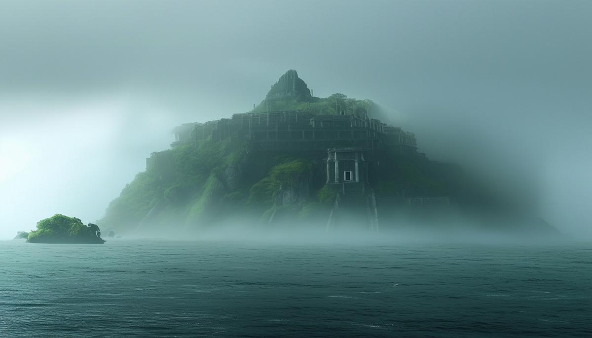 The phantom island of Hy-Brasil appearing through a break in the fog, with ancient structures visible