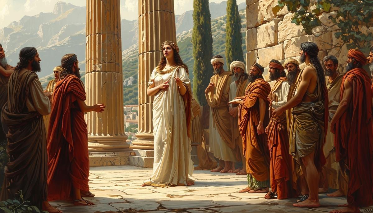 The Pythia, Oracle of Delphi, delivering a prophecy to supplicants in the ancient temple