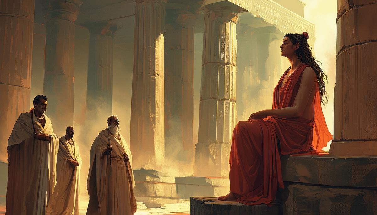 The Pythia, the Oracle of Delphi, seated atop her tripod in the temple of Apollo. She is draped in flowing robes, her eyes closed in a trance-like state as she inhales the mysterious vapors rising from the fissure beneath her. Priests stand nearby, ready to interpret her cryptic prophecies for waiting supplicants.
