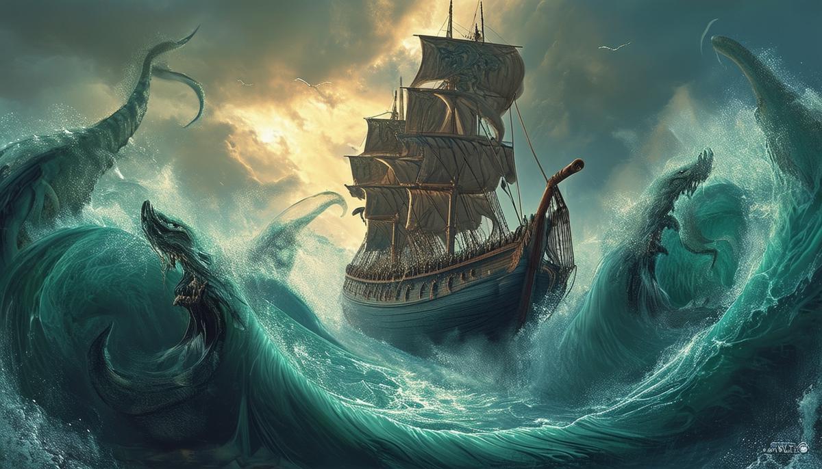 The resourceful hero Odysseus carefully steers his ship between the six-headed, sailor-snatching monster Scylla and the ship-swallowing whirlpool Charybdis.