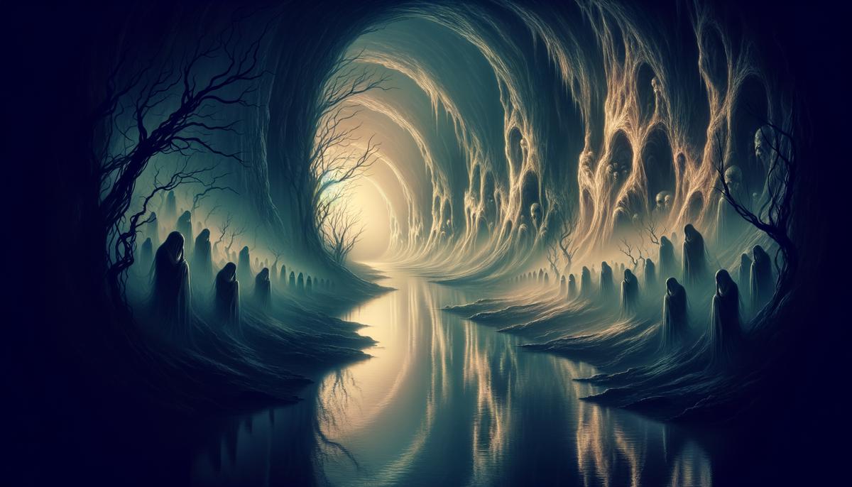 The River Cocytus flowing through a dim cavern, its waters reflecting the sorrowful faces of spirits lamenting along its banks