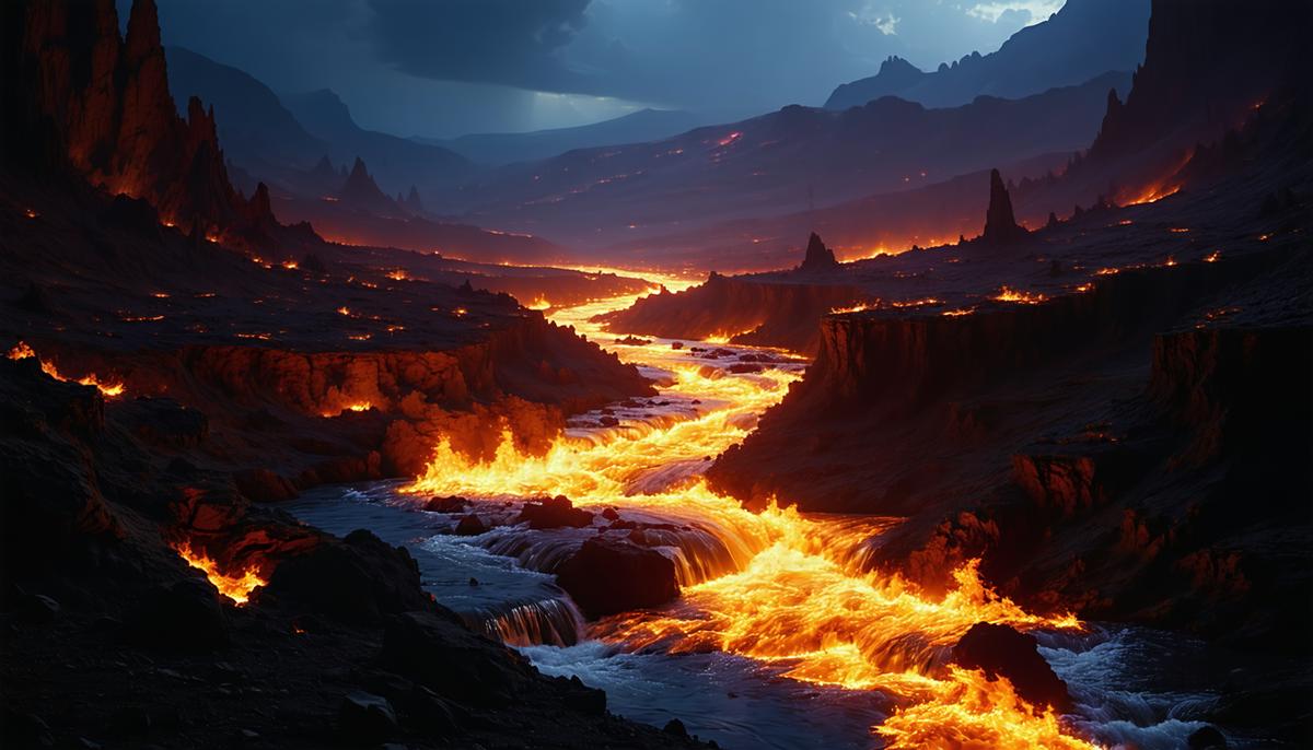 The River Phlegethon as a blazing stream of fire flowing through the dark landscape of the Underworld, casting an eerie glow on its surroundings