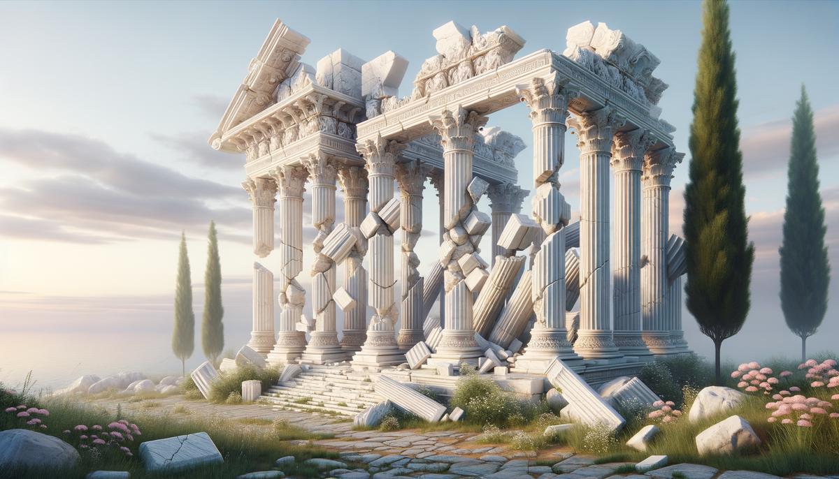 The ruins of an ancient Greek temple dedicated to Aphrodite, with fractured columns standing against a serene sky