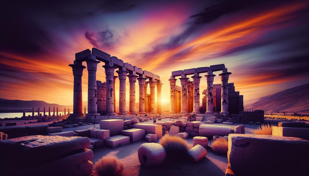 The ruins of ancient Thebes at sunset, with columns and stone structures silhouetted against an orange sky