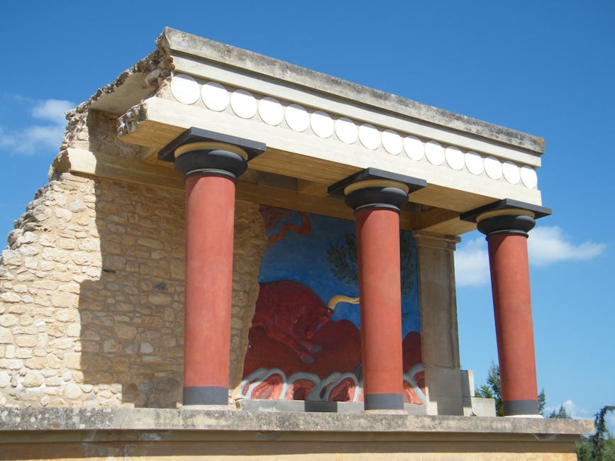 The ruins of the Palace of Knossos on Crete, showing intricate architecture and frescoes reminiscent of the Minoan civilization