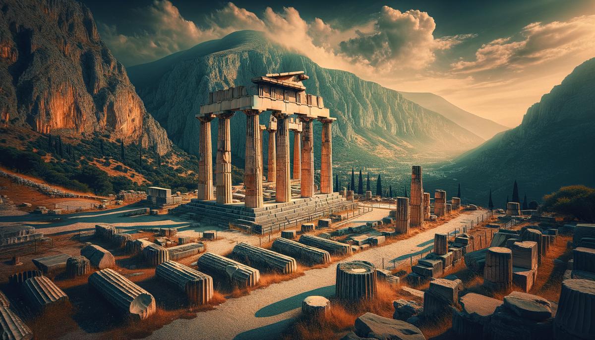 The ruins of the Temple of Apollo at Delphi, with ancient columns standing against the backdrop of Mount Parnassus
