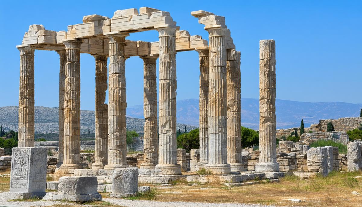 The ruins of the Temple of Apollo in ancient Corinth with its iconic Doric columns