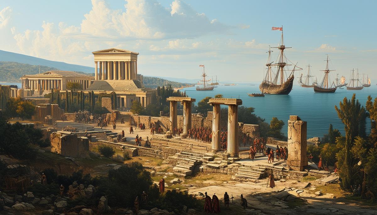 The ruins of Troy with Greek ships departing in the distance