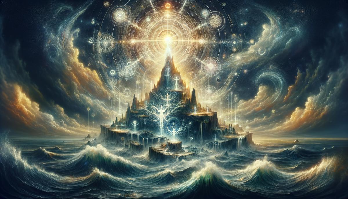 The sacred Island of Flame emerging from primordial waters, glowing with divine light