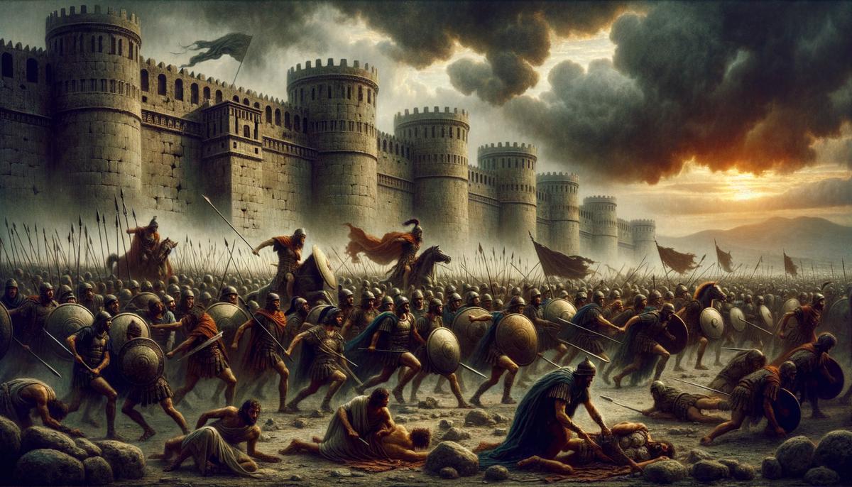 The seven champions led by Polynices besieging the city of Thebes, with dramatic battle scenes unfolding