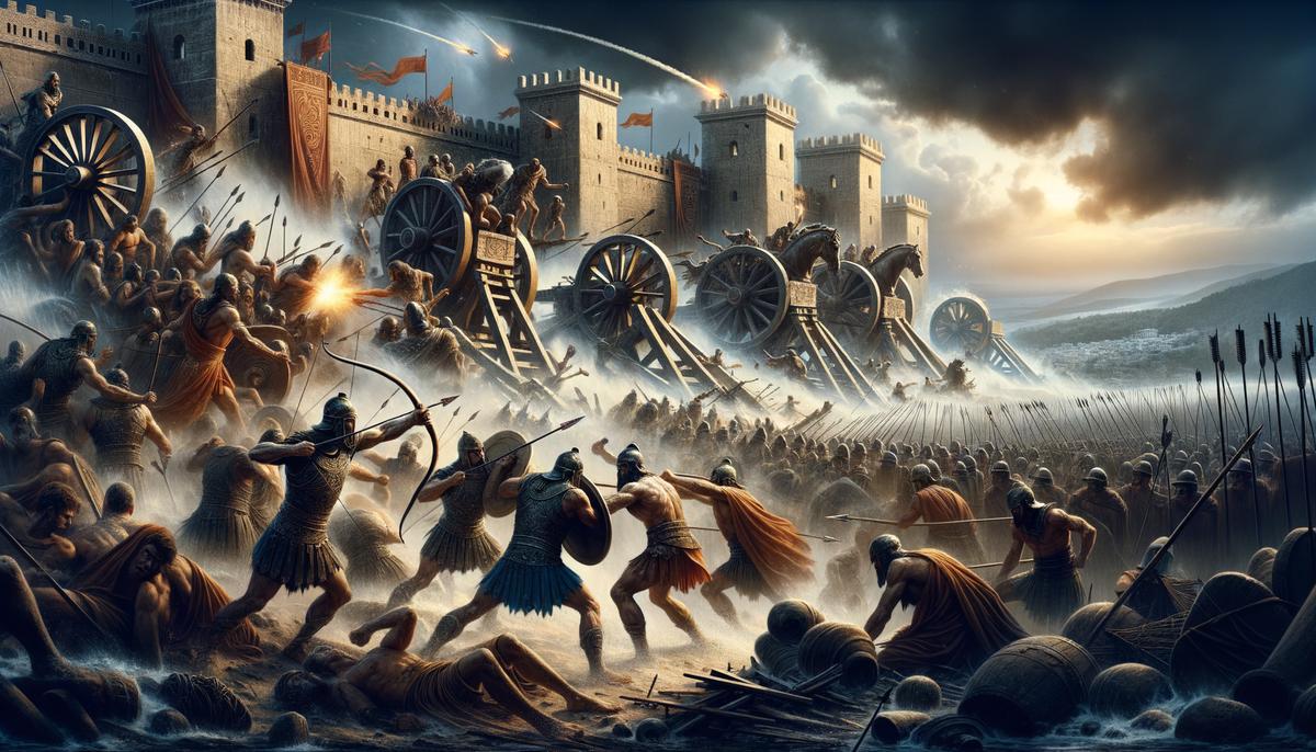 The seven champions led by Polynices besieging the city of Thebes, with intense fighting at the city gates