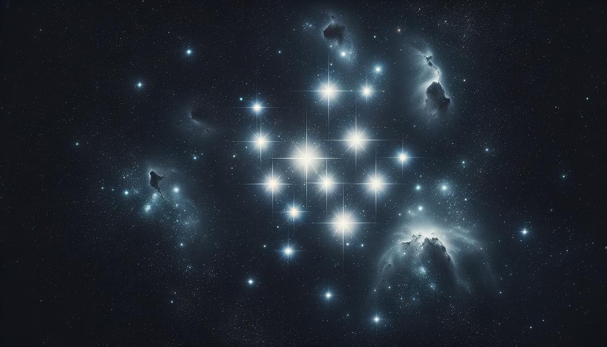 The seven Pleiades sisters, including Alcyone, twinkling together in the night sky as a star cluster.