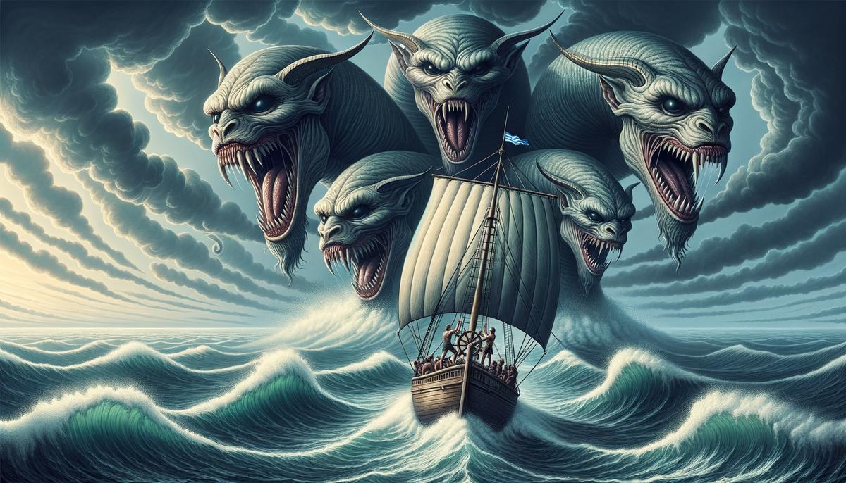 The six-headed sea monster Scylla and the whirlpool Charybdis threatening a ship navigating the narrow strait between them.