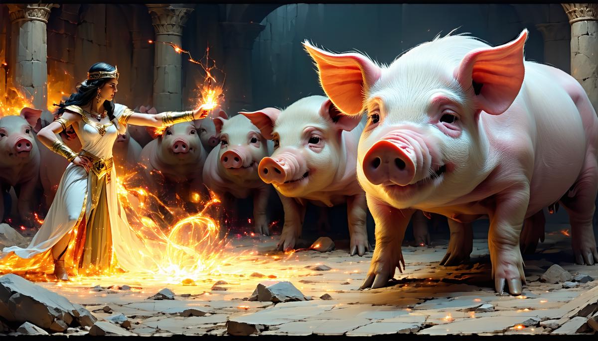 The sorceress Circe casting a spell to transform Odysseus' men into pigs