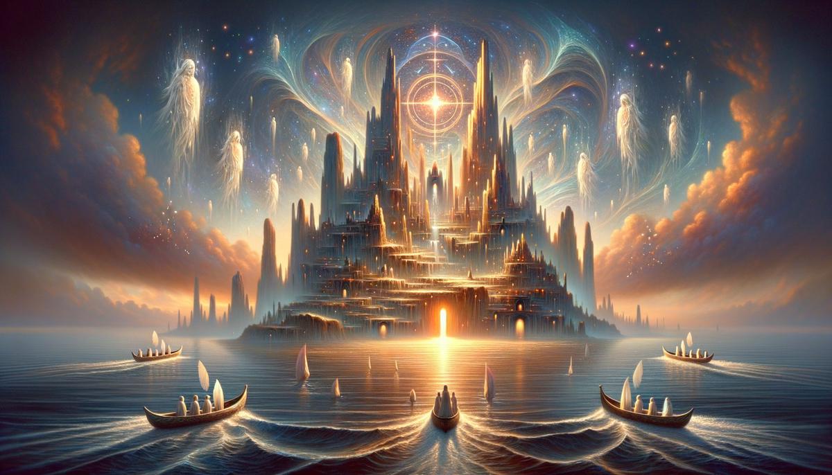 The spiritual island of Baralku at dawn, with souls traveling towards it and the Venus star visible