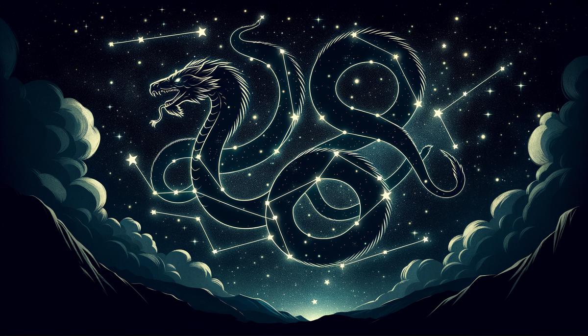 The stars of the Draco constellation outlining the serpentine shape of Ladon against a dark night sky.