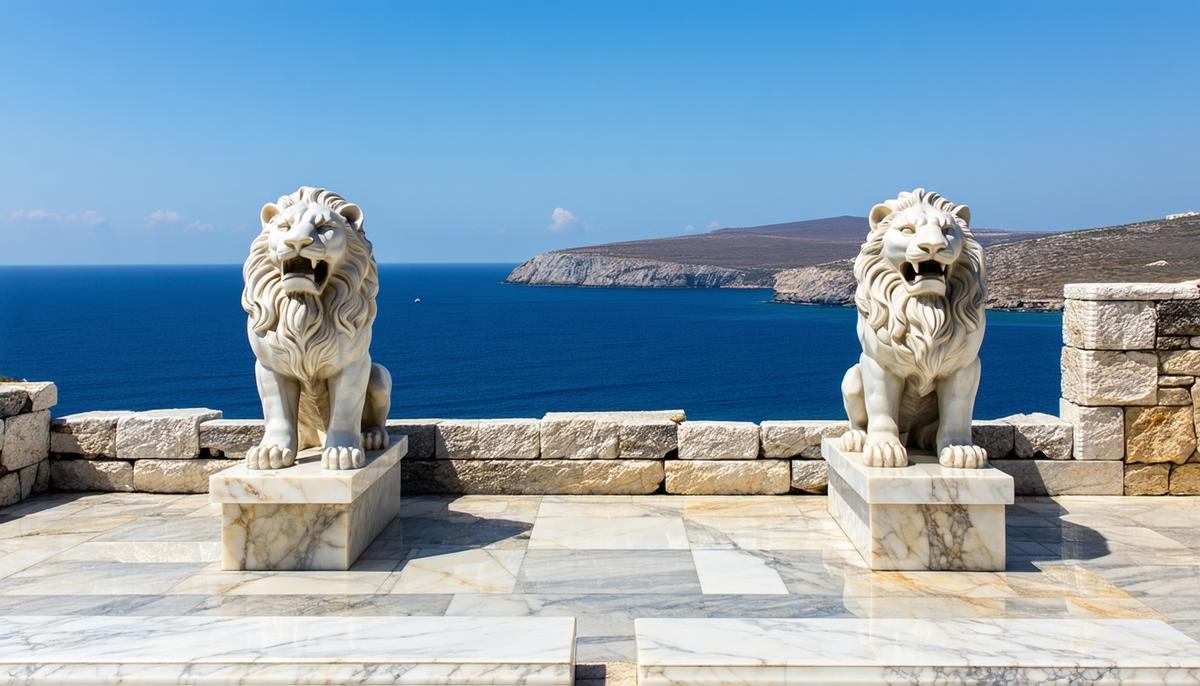 The Terrace of the Lions on the Isle of Delos, with ancient marble lion statues overlooking the Aegean Sea