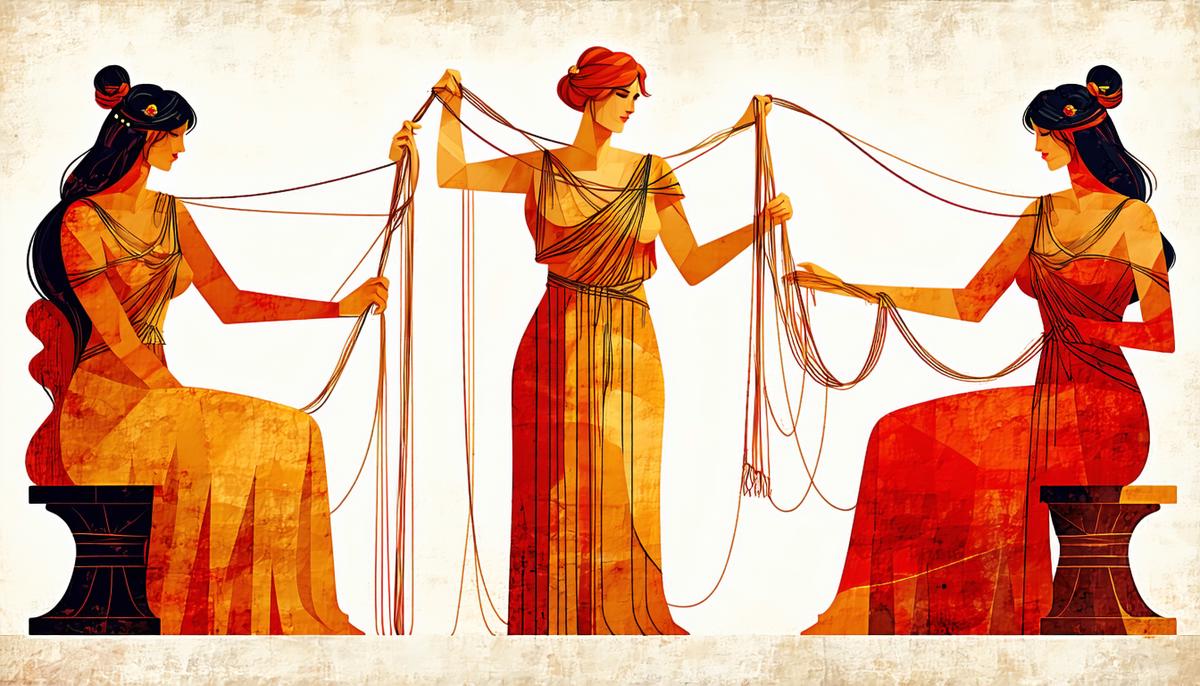 The three Fates (Clotho, Lachesis, and Atropos) weaving, measuring, and cutting the thread of life