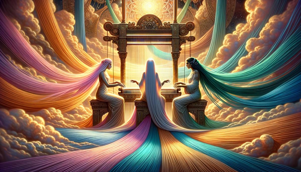 The three Fates weaving the thread of life on a cosmic loom