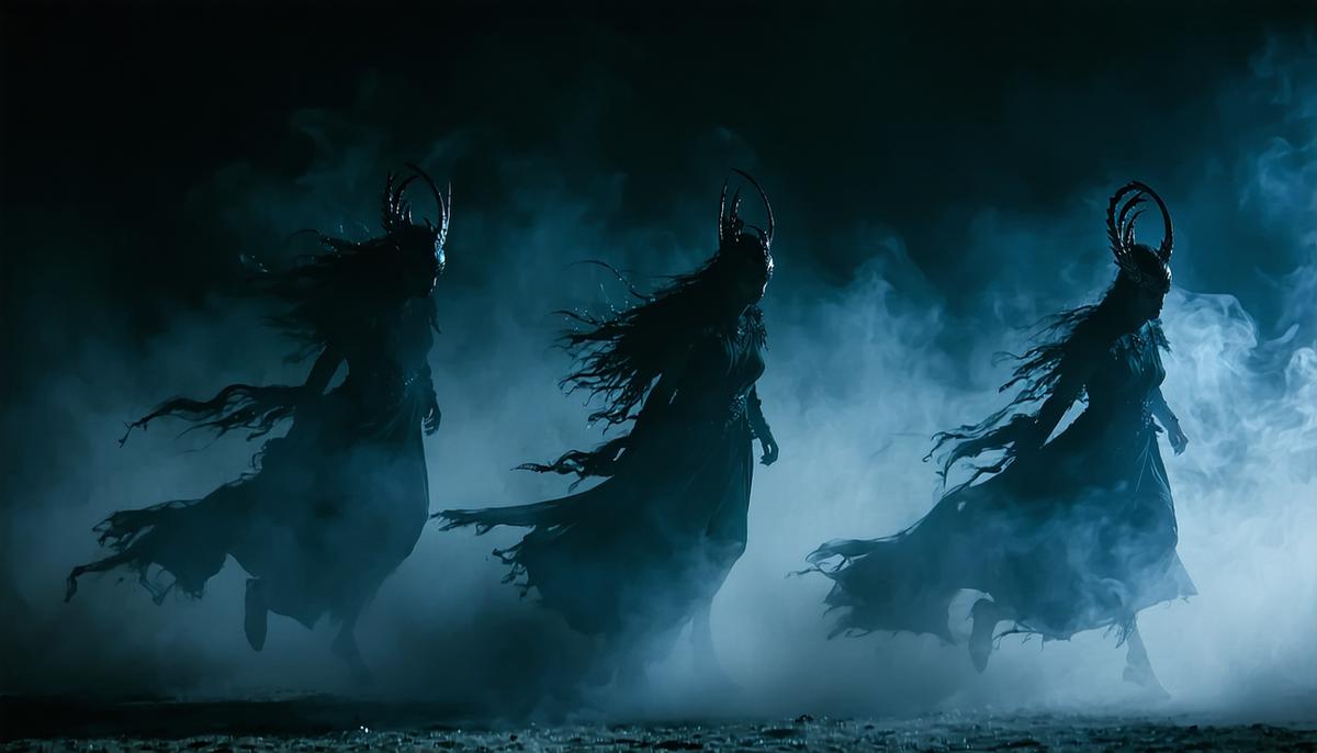 The three Furies chasing shadowy figures through a dark, misty landscape