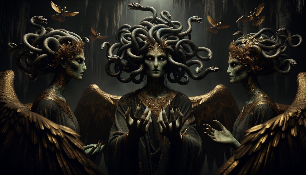 The three Gorgon sisters, Medusa, Stheno, and Euryale, in their dark and foreboding lair