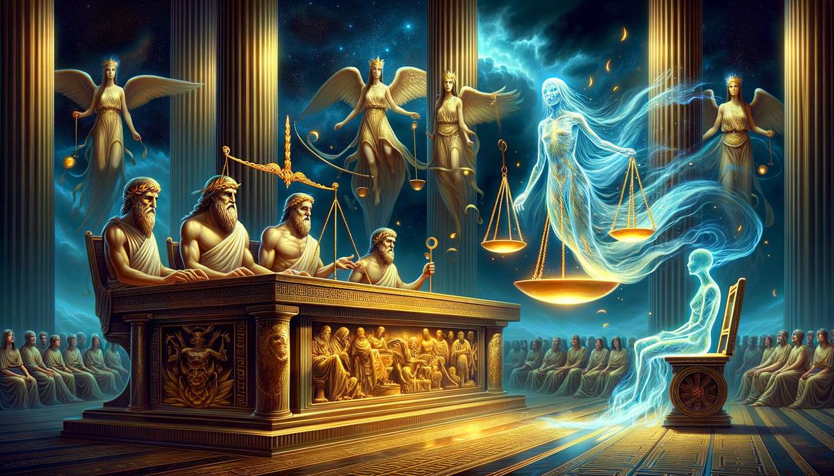 The three judges of the dead weighing a soul's deeds on golden scales