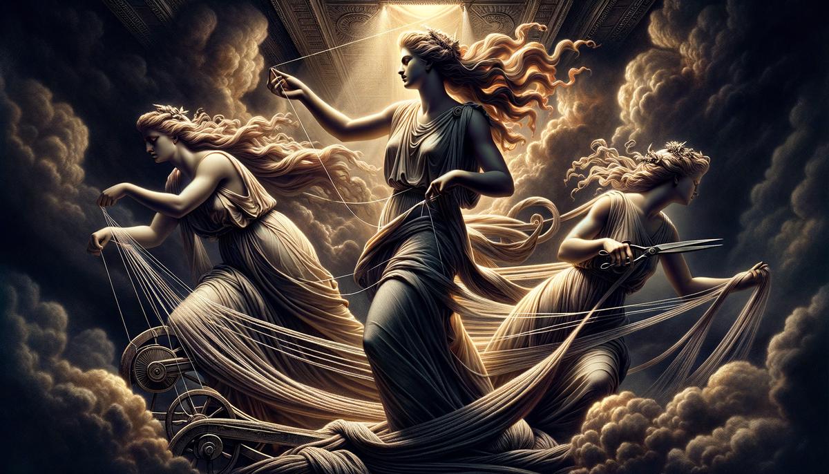 The three Moirai (Fates) – Clotho, Lachesis and Atropos – weaving the threads of destiny