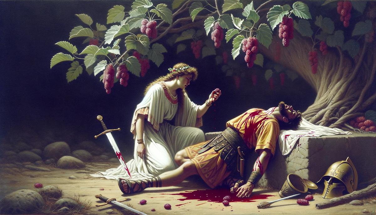 The tragic finale of Pyramus and Thisbe's love story, with Thisbe discovering Pyramus' lifeless body under the mulberry tree, the fruits forever stained red by their ill-fated love.