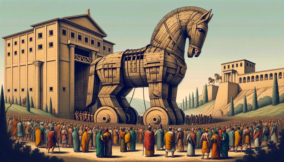 The Trojan Horse, a symbol of Odysseus' cunning strategy and morally ambiguous victory in the Trojan War