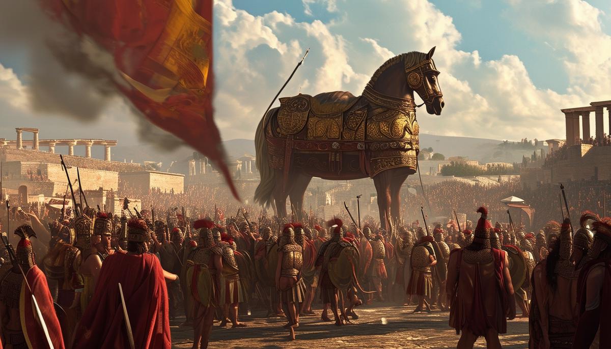 The Trojan Horse being brought into the city of Troy, with celebrating Trojans unaware of the danger