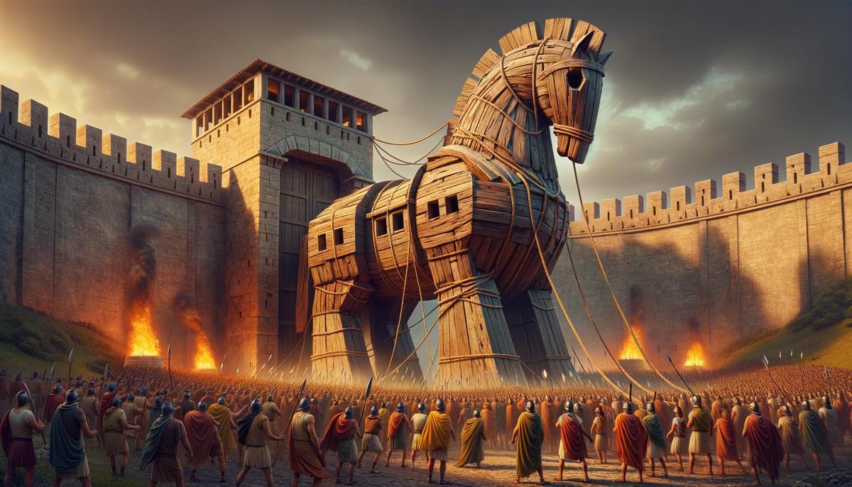 The Trojan Horse being pulled into the city of Troy by celebrating Trojans