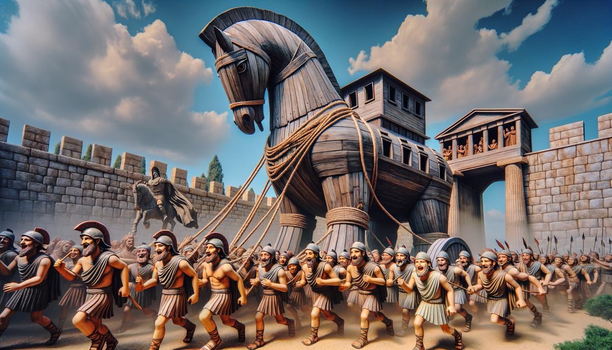 The Trojan Horse being pulled into Troy by celebrating Trojans