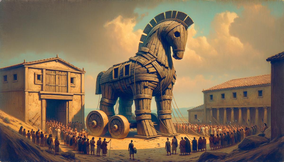 The Trojan Horse being wheeled into Troy, symbolizing the power of deception