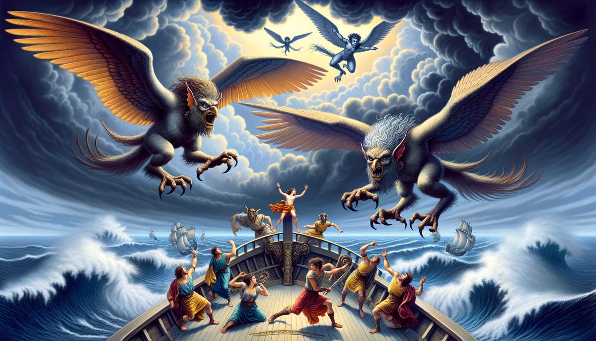 The winged Boreads chasing the Harpies in flight, while Jason and the other Argonauts watch from below
