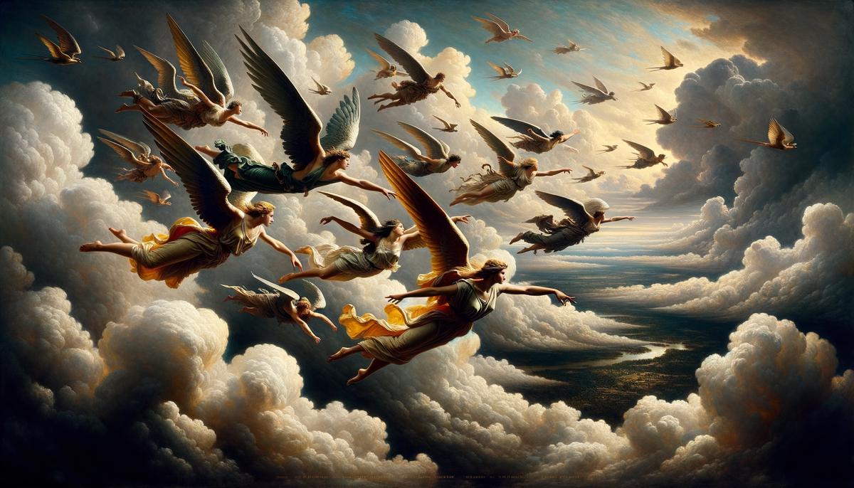The winged Boreads, Zetes and Calais, pursuing the Harpies through the sky in an epic aerial chase