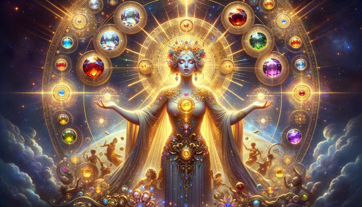 Theia, the Greek goddess of shimmering light, surrounded by gold and precious stones.